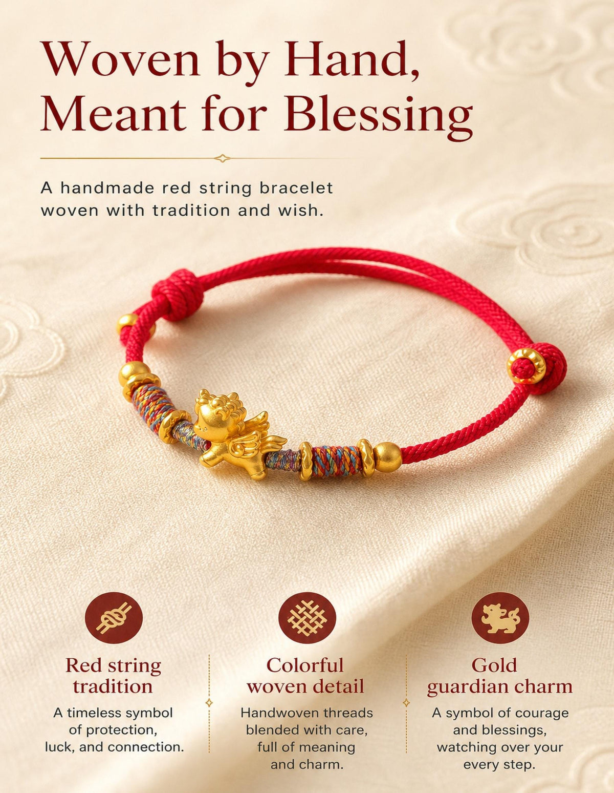 Red Cord Unicorn Bracelet, Handmade Lucky Charm Bracelet, Gold Unicorn Friendship Bracelet, Adjustable Woven Bracelet, Gift for Her