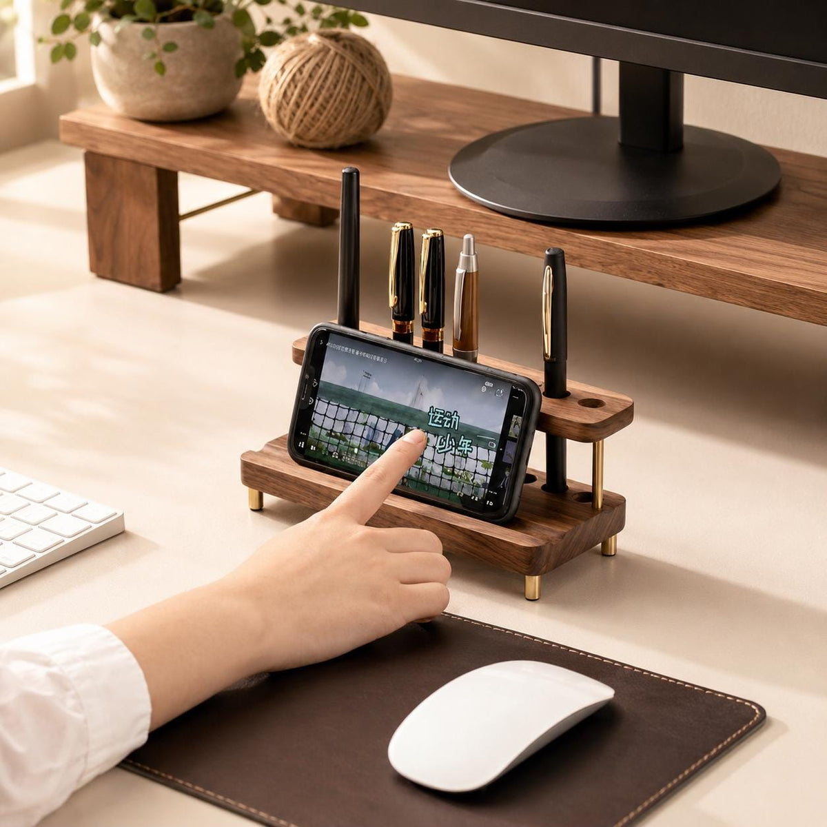 Walnut Wood Pen Holder with Phone Stand, Desktop Organizer with Brass Accents