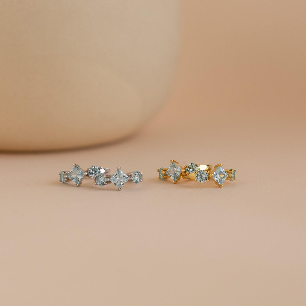 Aquamarine Huggie Hoops by Seven Lucky Gifts • Dainty Blue Crystal Gemstone Earrings • Silver Birthstone Jewelry • Bridesmaid Gift