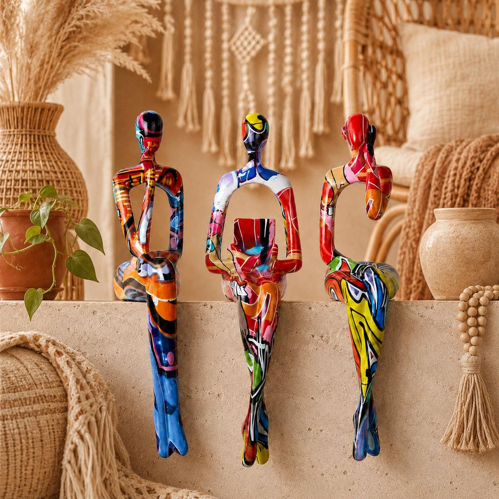 Handmade Abstract Sculpture Set | Colorful Modern Figurines, Boho Office Desk Shelf Decor, Unique Boss Gift, Housewarming Present