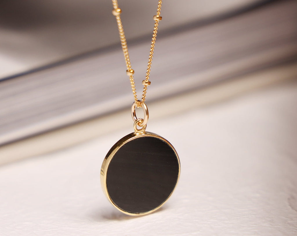 Black Obsidian Circle Pendant Necklace - Minimalist geometric jewelry on 18, 20 or 24 inch 14k gold filled satellite chain - Jewelry Gift