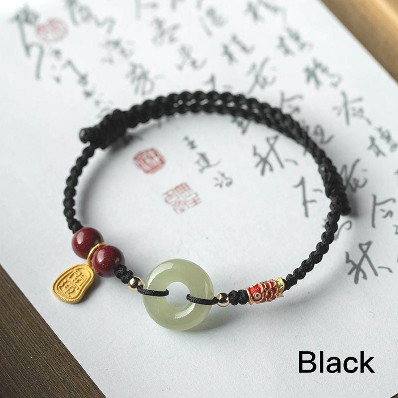 Lucky Red String Bracelet, Handmade Jade Circle Bracelet, Braided Protection Bracelet, Koi Charm Bracelet, Adjustable Gift for Her