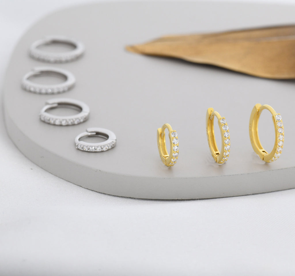 Skinny CZ Huggie Hoops in Sterling Silver, Silver or Gold, Minimalist Hoop Earrings, 6mm, 7mm, 8mm Hoops, cartilage hoops,