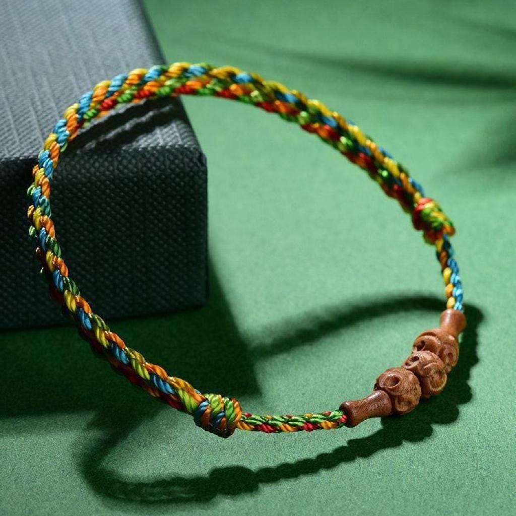Buddhist Spiritual Five Color Bracelet,Red string bracelet ,Temple Blessed Peach Wood Charm,Feng Shui Protection Amulet