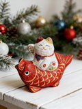 Hand-Carved Wooden Lucky Cat on Fish|Premium Natural Solid Wood|Unique Handmade Decor|Good Luck Figurine|Gift for Animal Lovers & Collectors