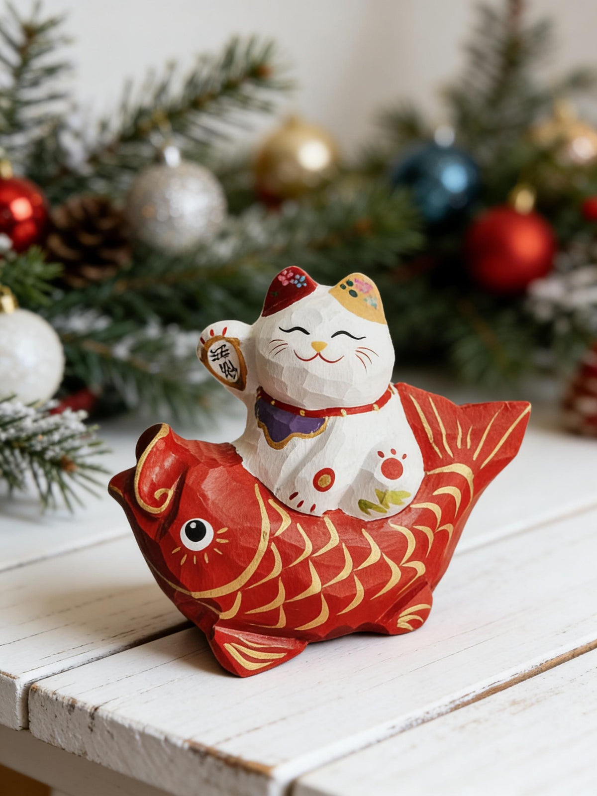 Hand-Carved Wooden Lucky Cat on Fish|Premium Natural Solid Wood|Unique Handmade Decor|Good Luck Figurine|Gift for Animal Lovers & Collectors