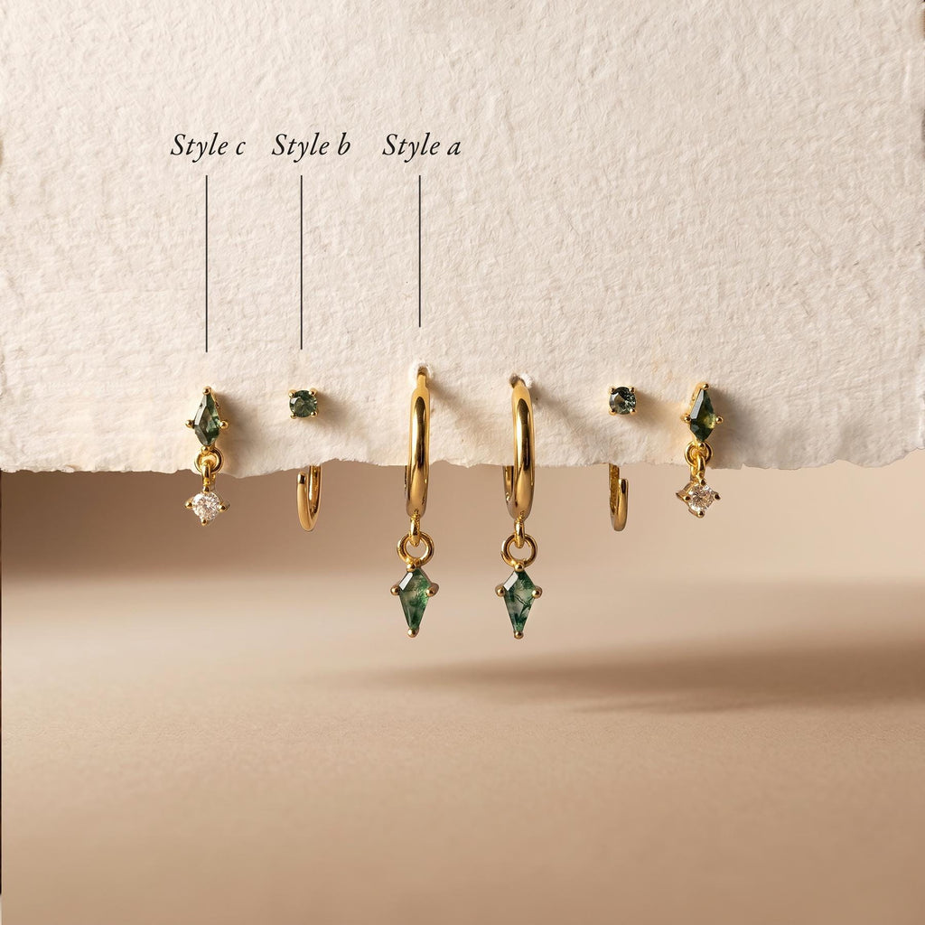 Moss Agate Earring Set, Gold Huggie Hoops, Flat Back Stud & CZ Diamond, Sterling Silver Ear Stack, Open Huggie, Kite Gemstone Nap Earrings.
