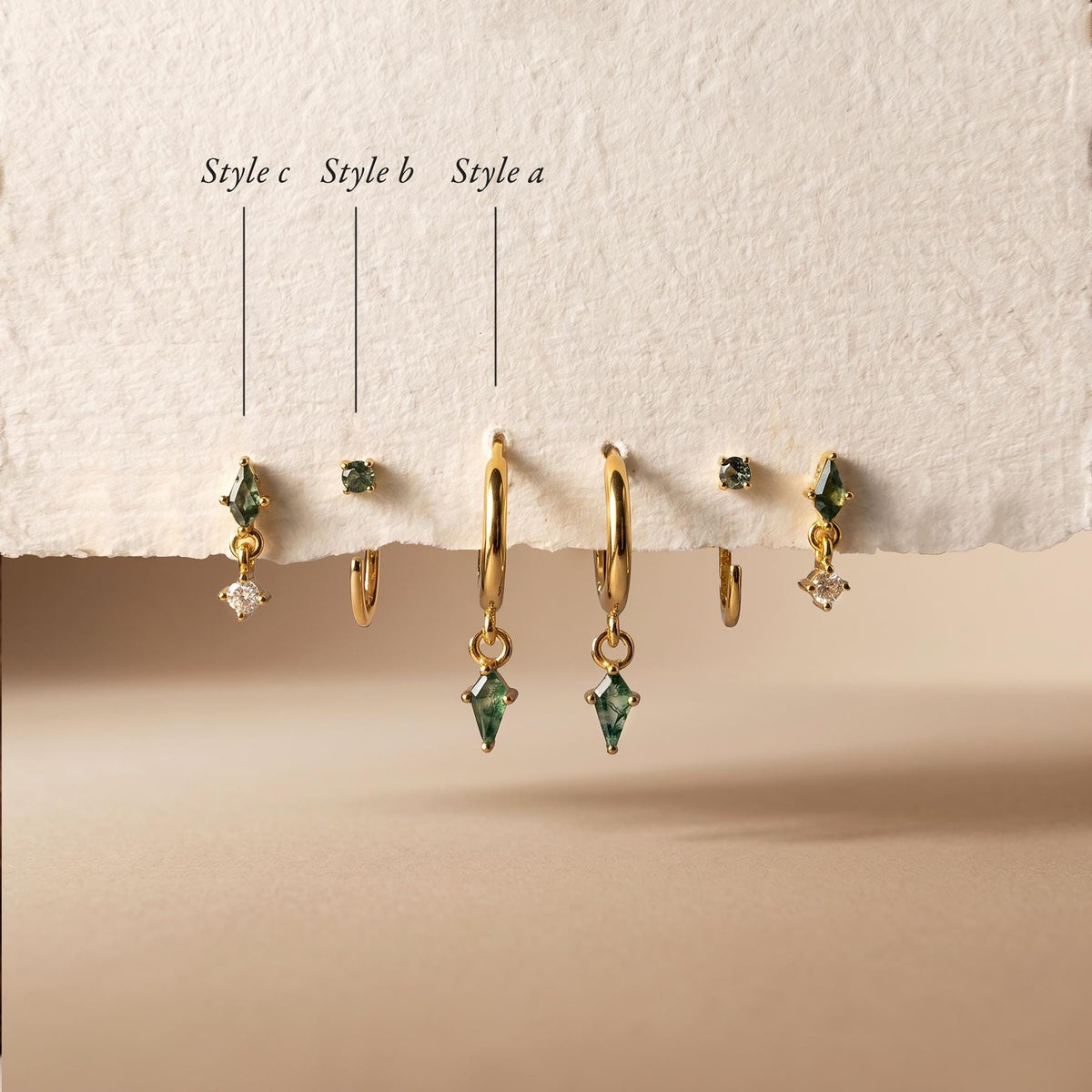 Moss Agate Earring Set, Gold Huggie Hoops, Flat Back Stud & CZ Diamond, Sterling Silver Ear Stack, Open Huggie, Kite Gemstone Nap Earrings.