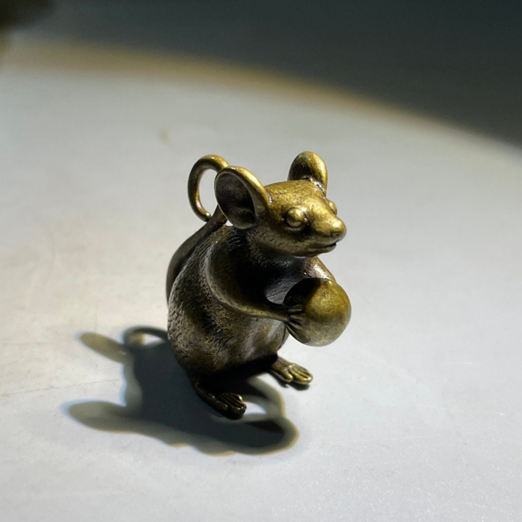 Brass Mouse Figurine Small Vintage Rat Holding Chestnut Statue Desk Decor