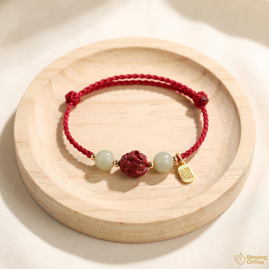 Handmade Red String Zodiac Bracelet, Cinnabar Bead, Temple Blessing Charm (2027 Goat), Jade Beads, Lucky Protection Jewelry,Gift for Her Him
