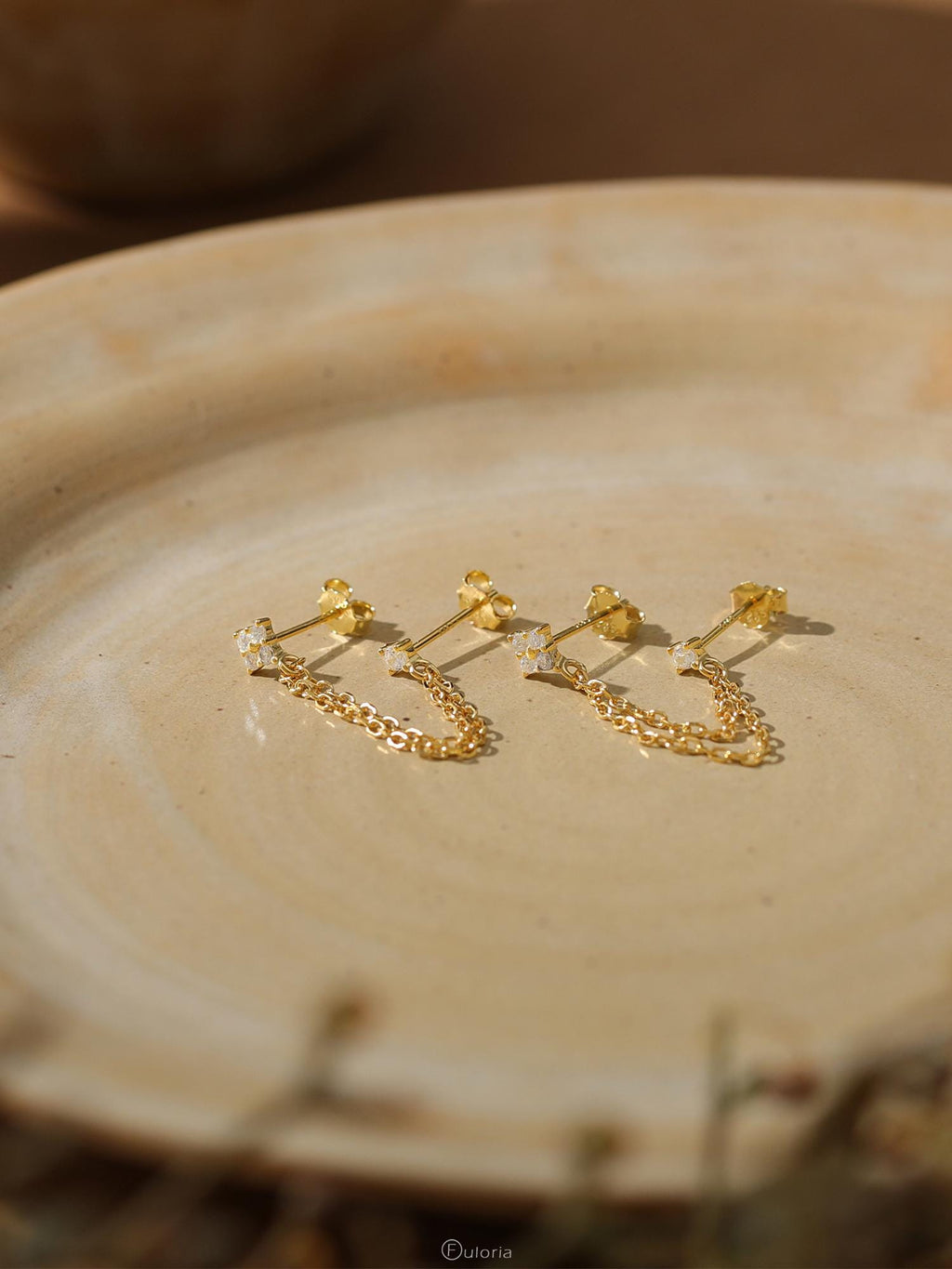 Double Piercing Diamond Stud Earrings, Gold Dangling Chain Earrings, Two Hole Gemstone Earrings, CZ Drop Earrings, Birthday Gift for Her