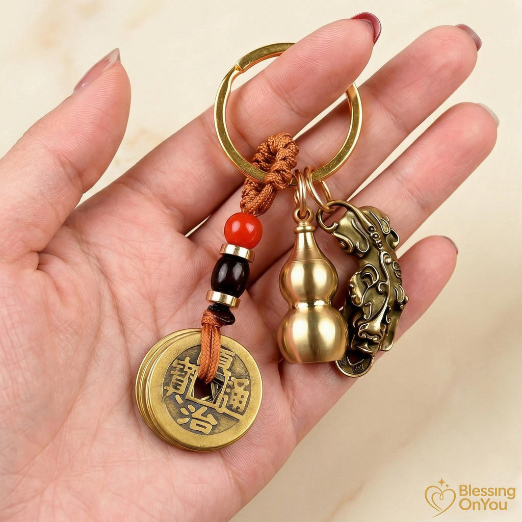 Feng Shui Lucky Cat Keychain, Five Emperor Coins Brass Keychain, Pixiu Wealth Charm, Wu Lou Gourd, Protection Amulet, Lucky Gift