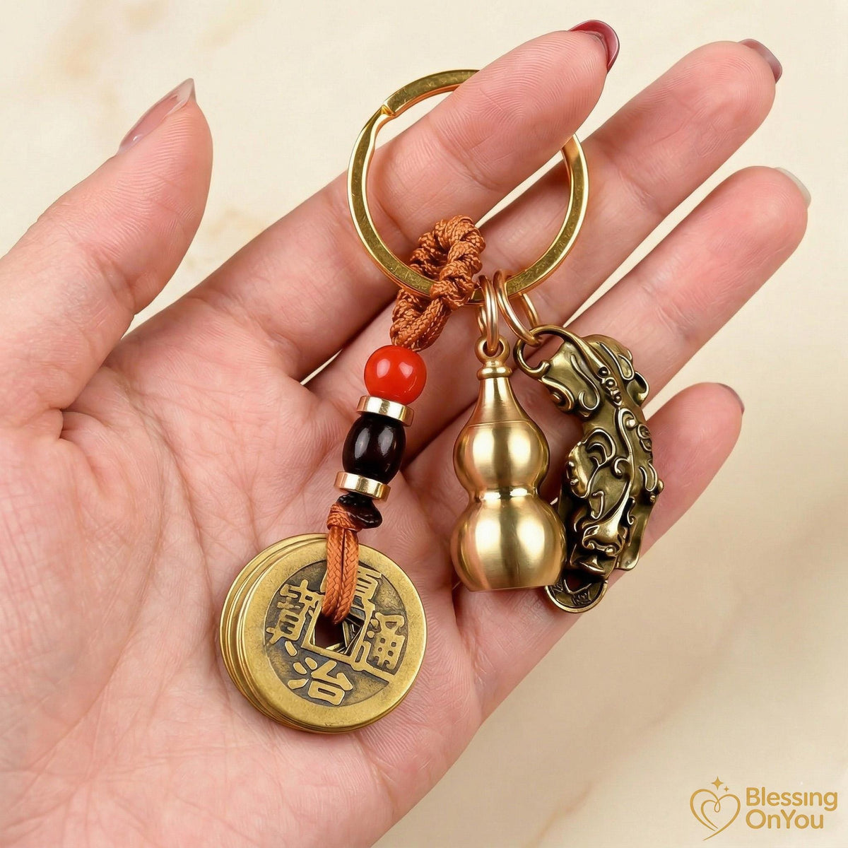 Feng Shui Lucky Cat Keychain, Five Emperor Coins Brass Keychain, Pixiu Wealth Charm, Wu Lou Gourd, Protection Amulet, Lucky Gift