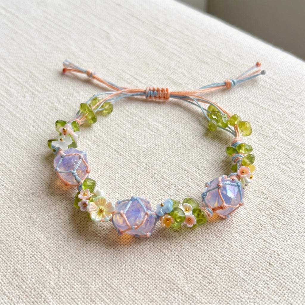 Woven Rope Bracelet with Raw Crystals and Pastel Flowers – Botanical Fairycore Jewelry