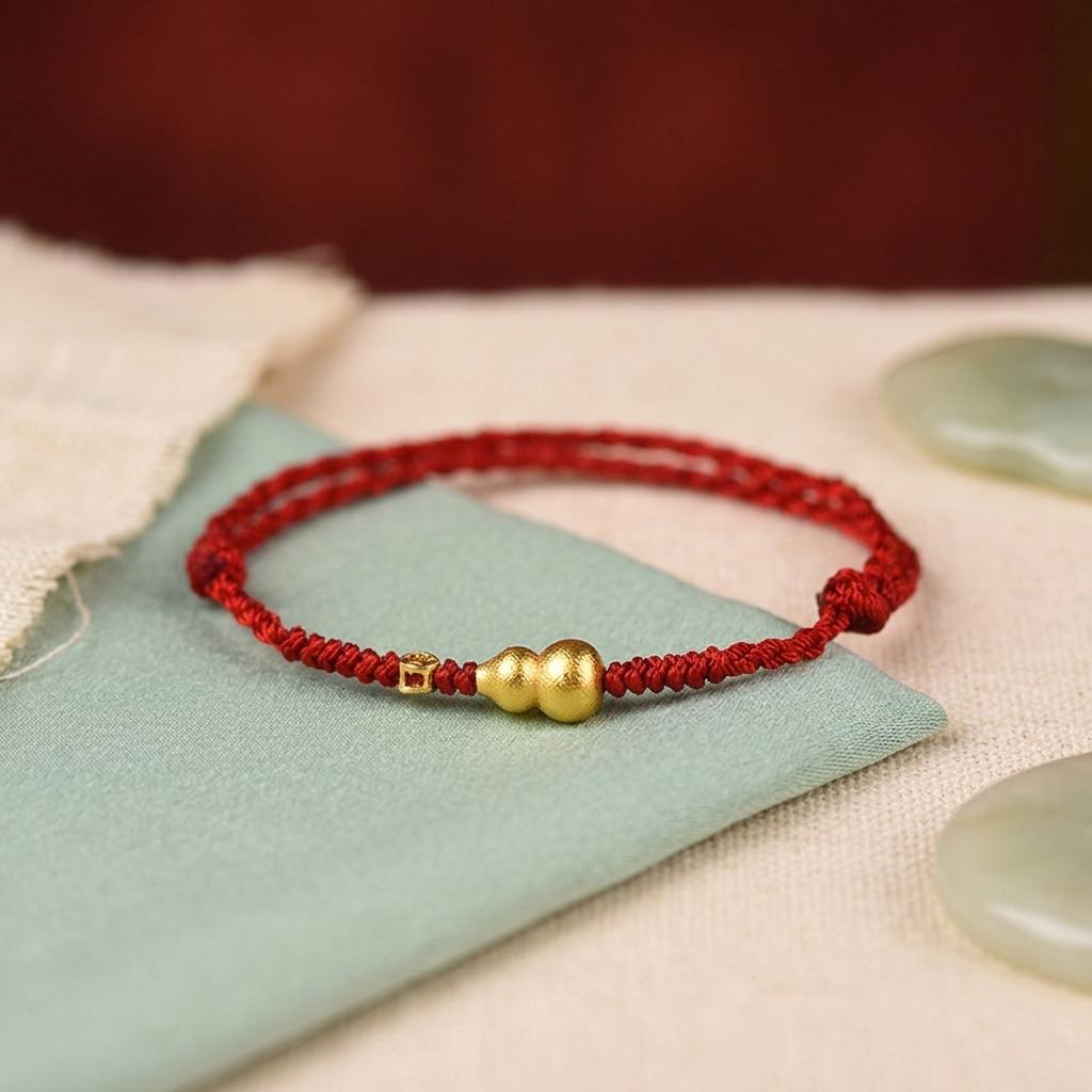 Gold Plated Fu Lu Gourd Red String Bracelet, Lucky Feng Shui Protection Bracelet, Adjustable Minimalist Coin Charm Jewelry Gift for Her Him