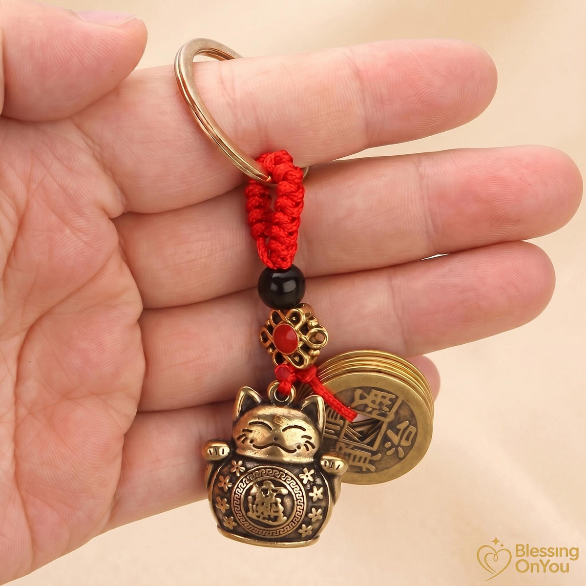 Feng Shui Lucky Cat Keychain, Five Emperor Coins Brass Keychain, Pixiu Wealth Charm, Wu Lou Gourd, Protection Amulet, Lucky Gift