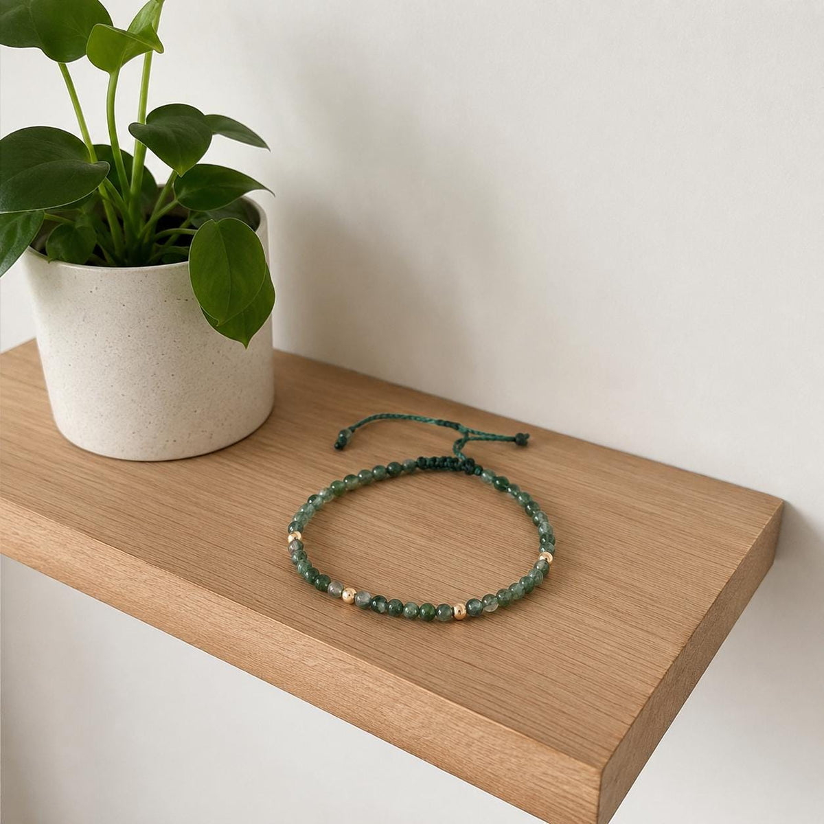 Natural Moss Agate Bracelet - Dainty 4mm Beaded Adjustable Braided Jewelry