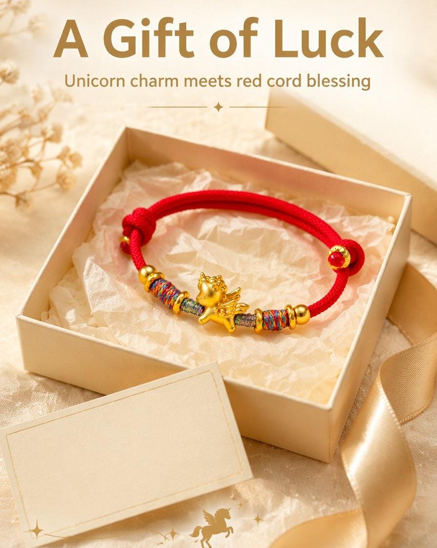 Red Cord Unicorn Bracelet, Handmade Lucky Charm Bracelet, Gold Unicorn Friendship Bracelet, Adjustable Woven Bracelet, Gift for Her