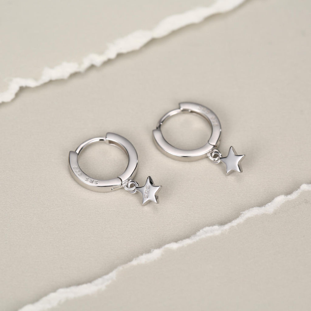 Pair of Star Huggie Hoop Earrings in Sterling Silver, Dangle Star Hoops, Celestial Earrings, Silver, Gold or Rose Gold