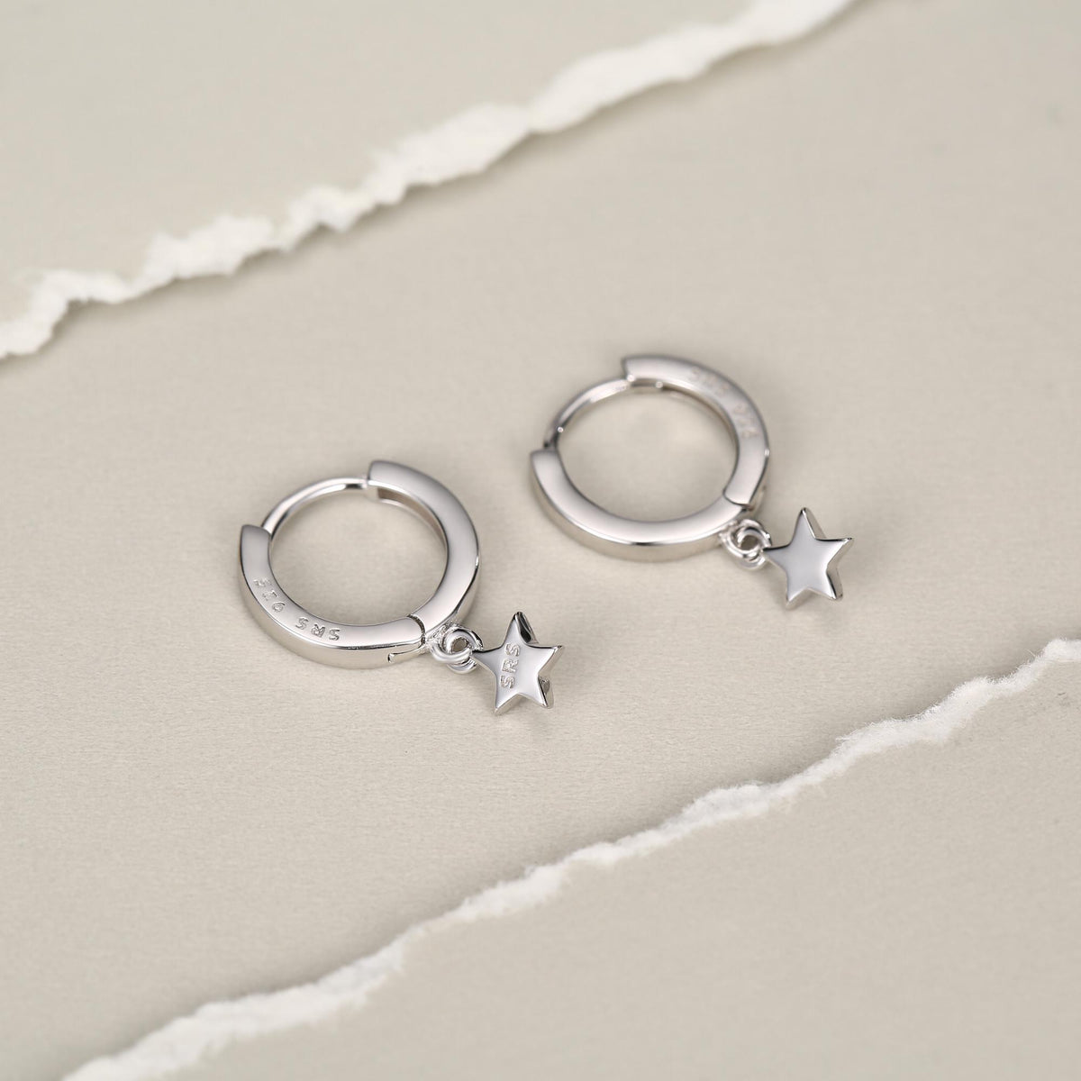 Pair of Star Huggie Hoop Earrings in Sterling Silver, Dangle Star Hoops, Celestial Earrings, Silver, Gold or Rose Gold