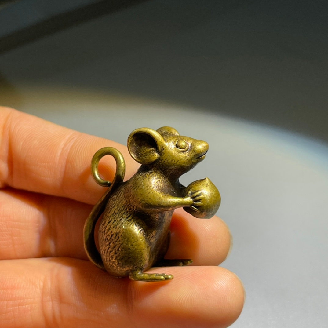 Brass Mouse Figurine Small Vintage Rat Holding Chestnut Statue Desk Decor