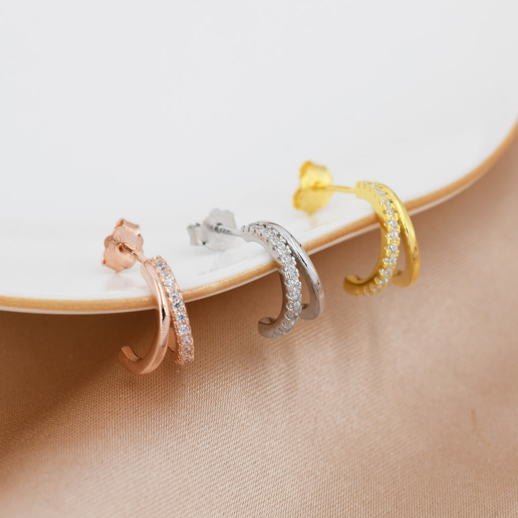 Double Hoop Effect Earrings in Sterling Silver, CZ Pave Hoop Earrings, Silver, Gold, Rose Gold, Dainty and Delicate