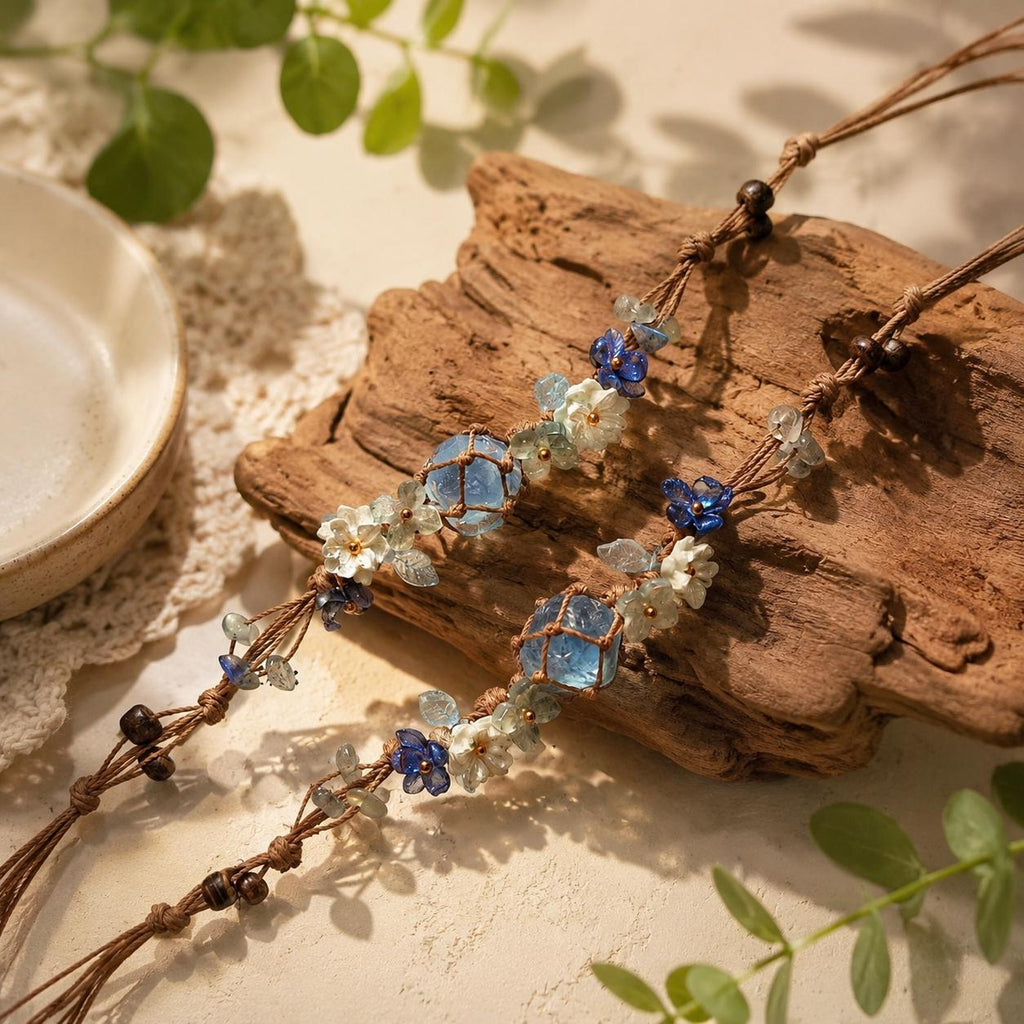 Blue Crystal Flower Bracelet: Adjustable Woven Cord Jewelry