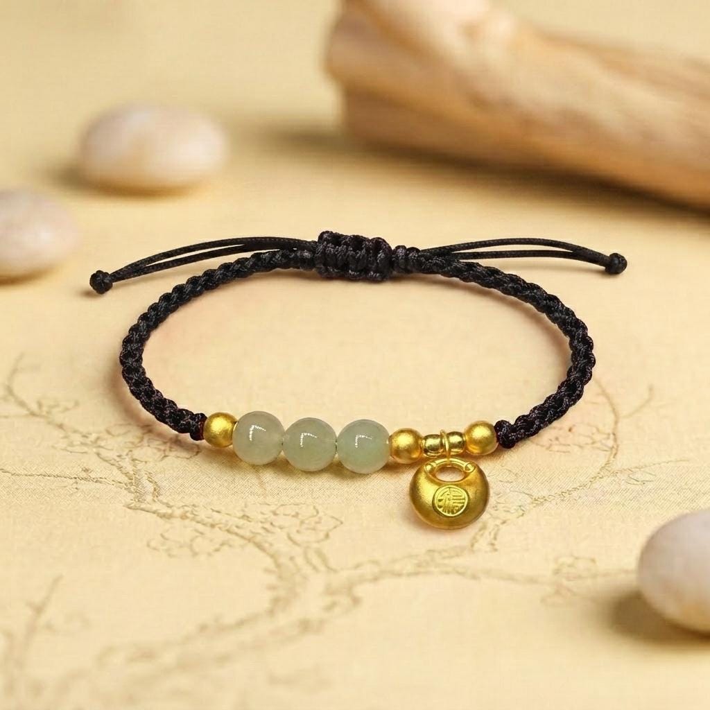 Red String Bracelet Jade Beaded Bracelet, Lucky Fu Charm Bracelet, Fortune Bag Charm Jewelry, Adjustable Handmade Gift for Her
