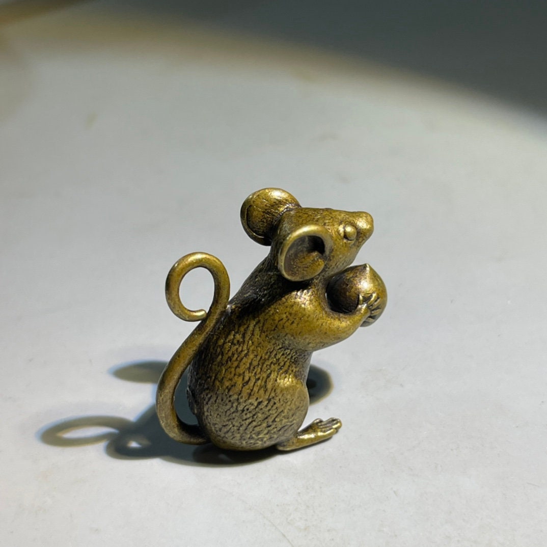 Brass Mouse Figurine Small Vintage Rat Holding Chestnut Statue Desk Decor