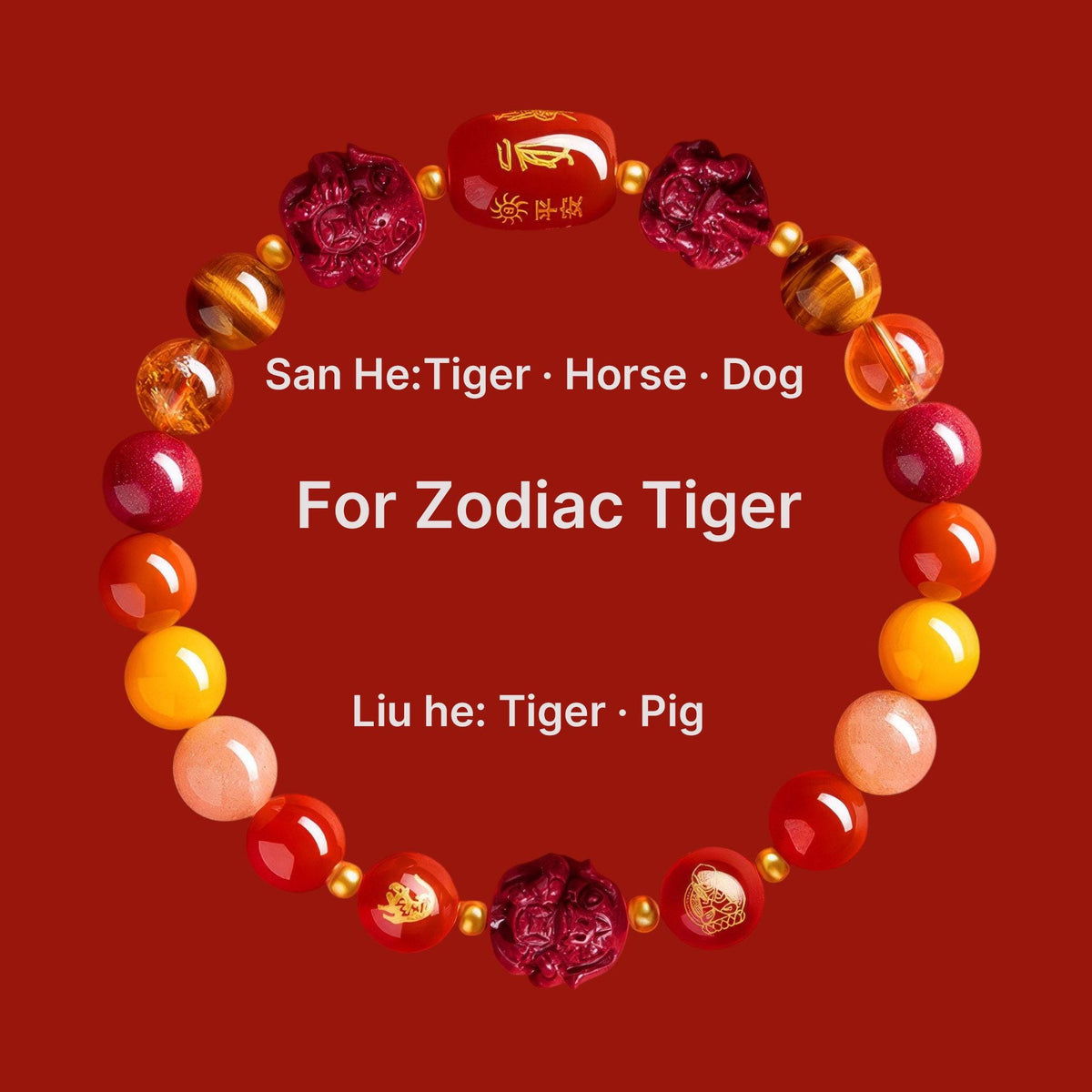 2027 Zodiac Gift Bracelet, Tai Sui Protection Bracelet, Natural Cinnabar & Gemstones, San He Liu He Talisman, Temple Blessed Chinese Zodiac