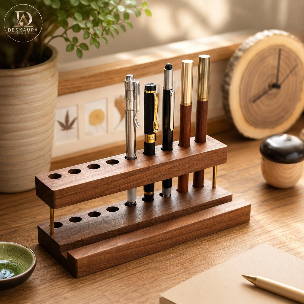 Walnut Wood Pen Holder with Phone Stand, Desktop Organizer with Brass Accents