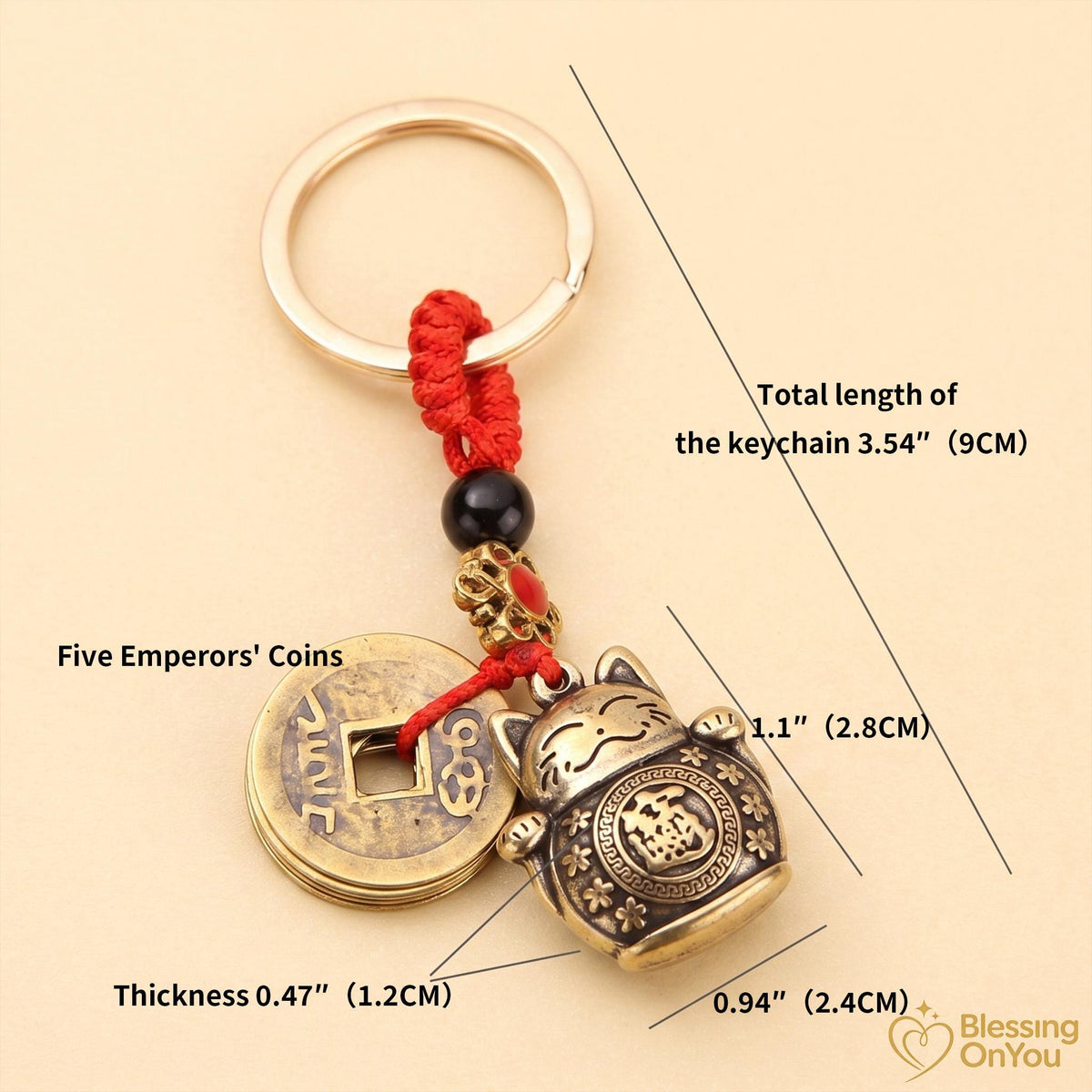 Feng Shui Lucky Cat Keychain, Five Emperor Coins Brass Keychain, Pixiu Wealth Charm, Wu Lou Gourd, Protection Amulet, Lucky Gift