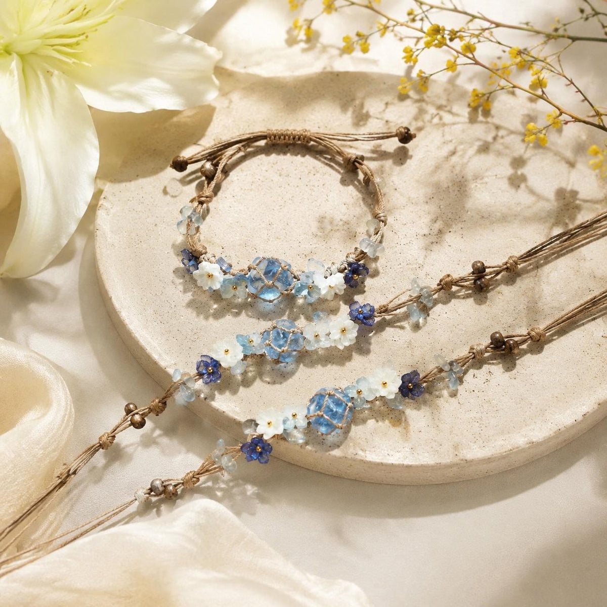 Blue Crystal Flower Bracelet: Adjustable Woven Cord Jewelry