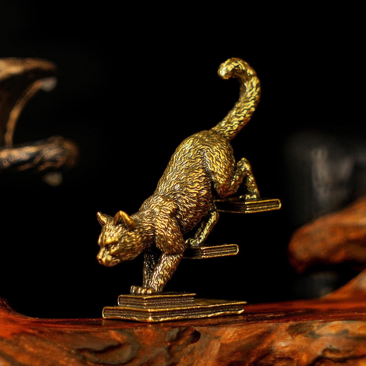 Solid Brass Walking Down Stairs Cat Figurine – Retro Playful Feline Sculpture Home Decor