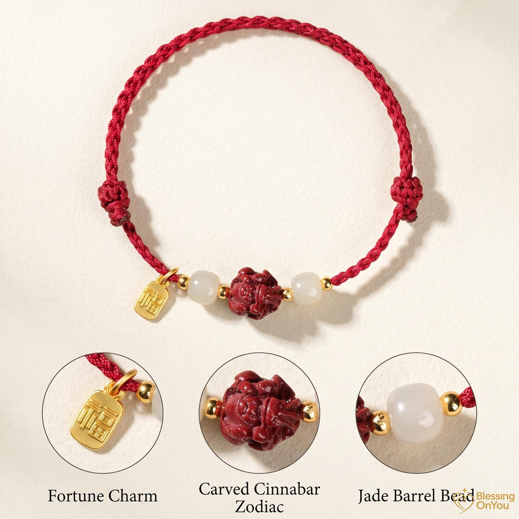 Handmade Red String Zodiac Bracelet, Cinnabar Bead, Temple Blessing Charm (2027 Goat), Jade Beads, Lucky Protection Jewelry,Gift for Her Him