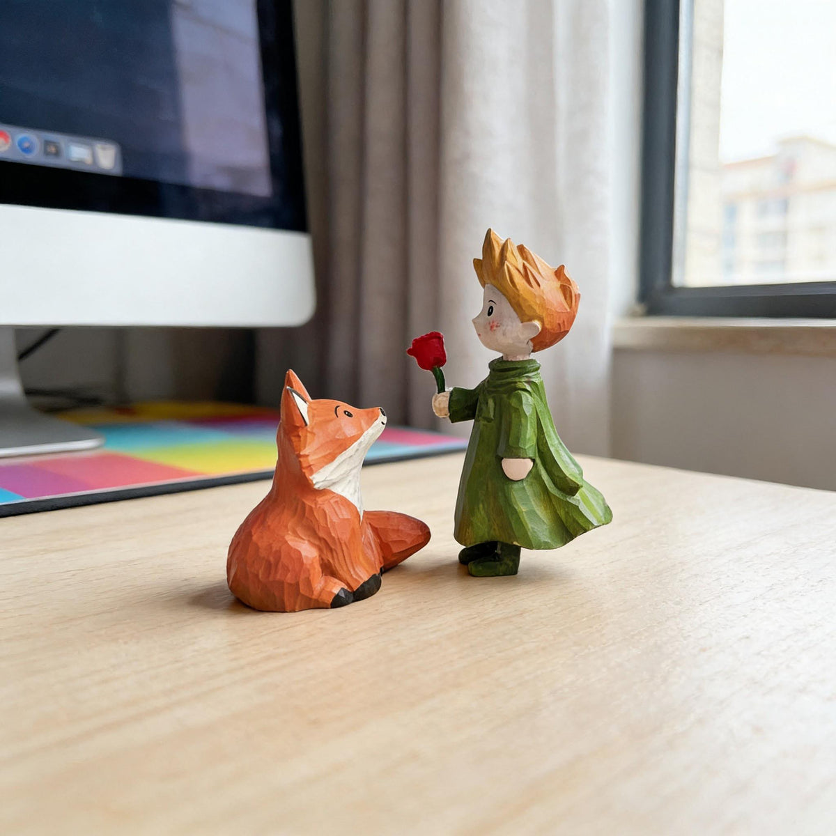 Handcrafted Wooden Sculpture of the Little Boy & Fox | Unique Hand-Carved Art | Premium Natural Solid Wood | Literary-Inspired Decoration