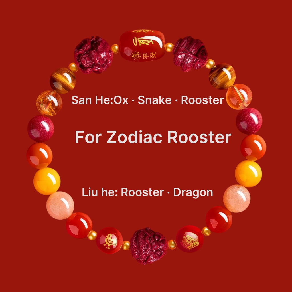 2027 Zodiac Gift Bracelet, Tai Sui Protection Bracelet, Natural Cinnabar & Gemstones, San He Liu He Talisman, Temple Blessed Chinese Zodiac