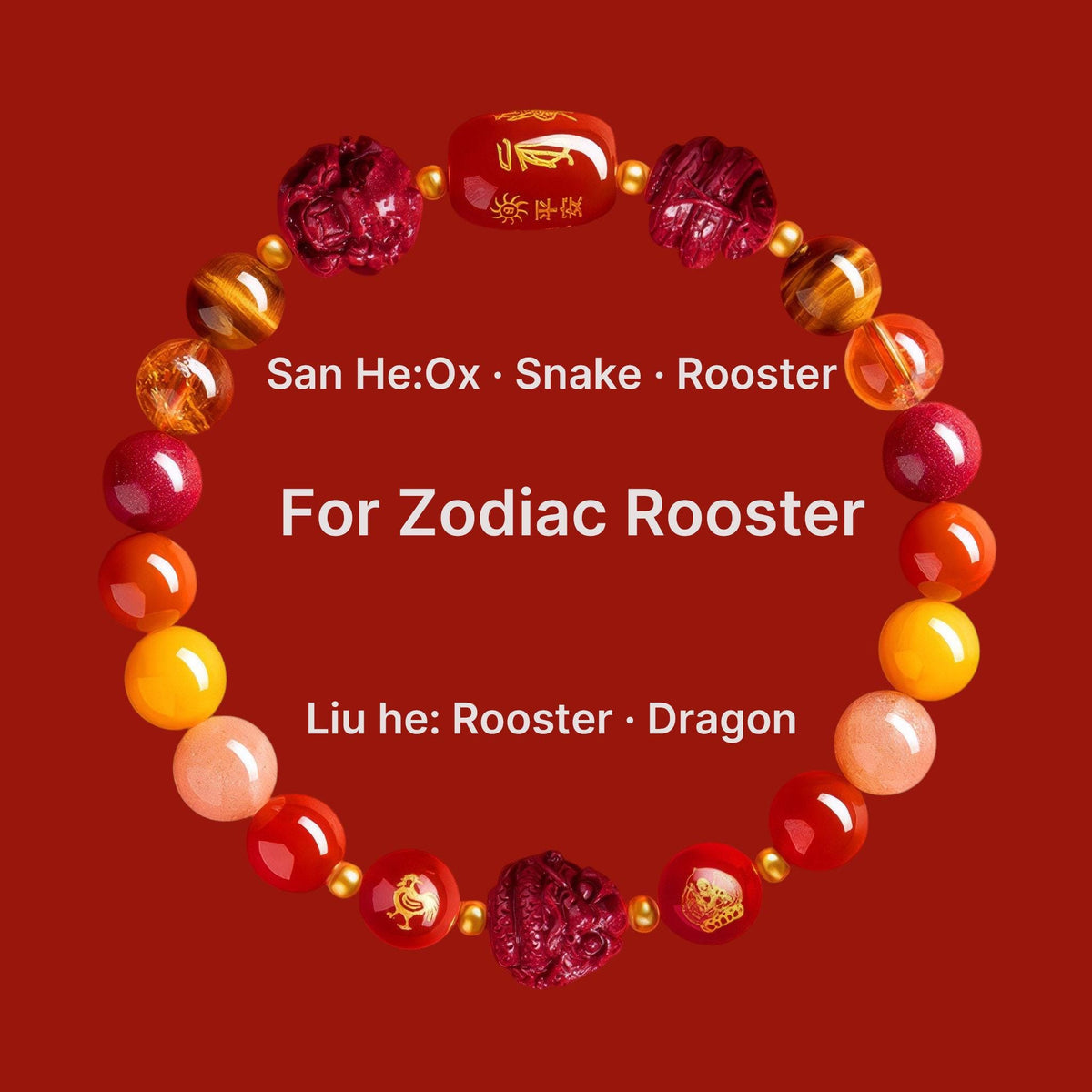 2027 Zodiac Gift Bracelet, Tai Sui Protection Bracelet, Natural Cinnabar & Gemstones, San He Liu He Talisman, Temple Blessed Chinese Zodiac