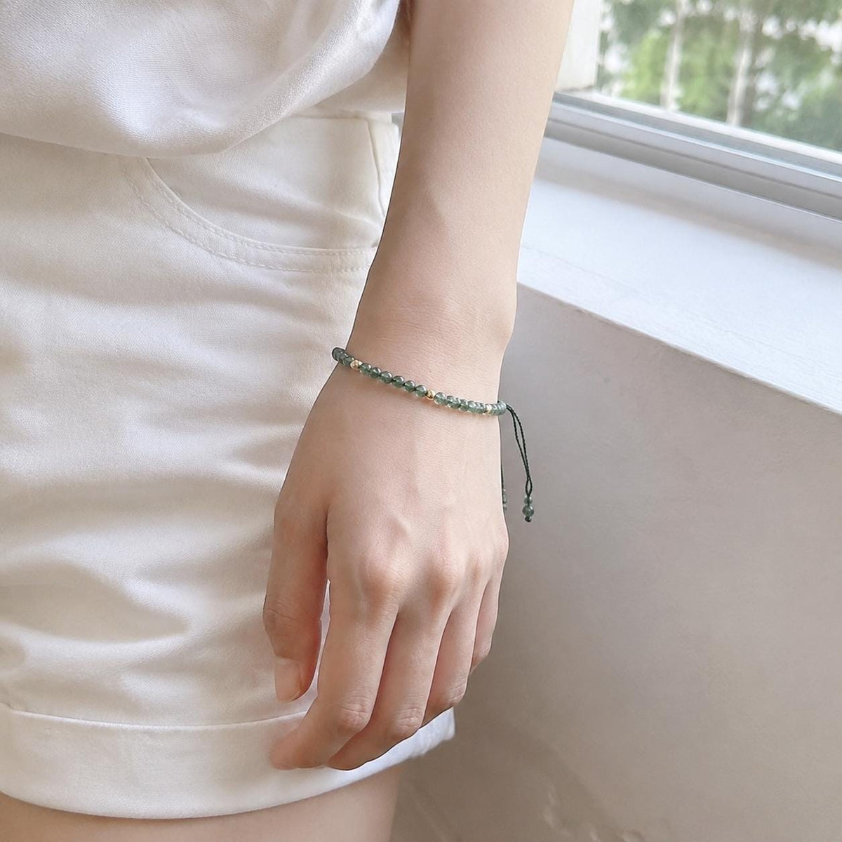 Natural Moss Agate Bracelet - Dainty 4mm Beaded Adjustable Braided Jewelry