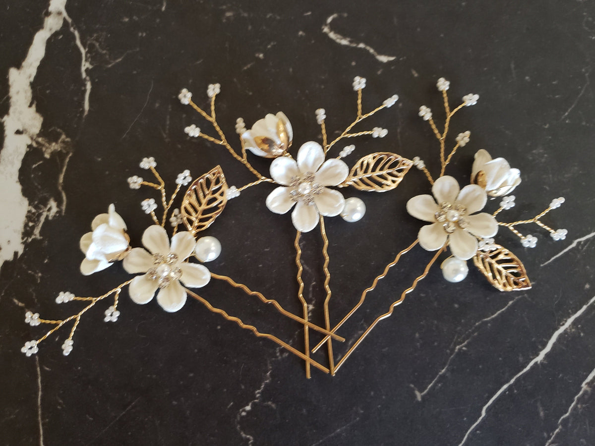 Bridal Hair Pins, Crystal Pearl Blue Flower Wedding Accessory