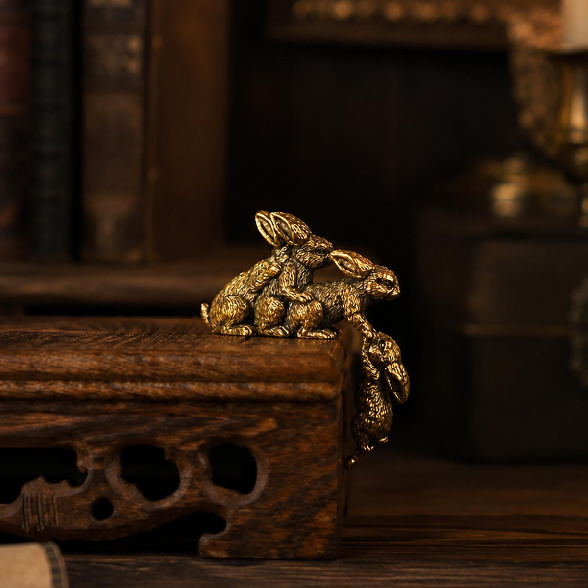 Solid Brass Loving Rabbit Family Figurine Four Bunnies Desk Decor Gift