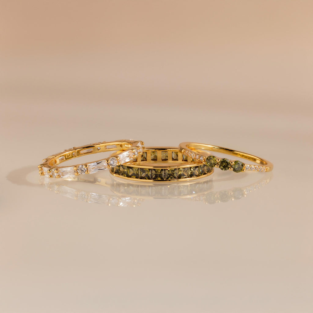 Peridot Ring Set by Seven Lucky Gifts • Set of 3: Vintage Peridot & Diamond Stacking Rings in Gold • Dainty Jewelry • Gift for Wife