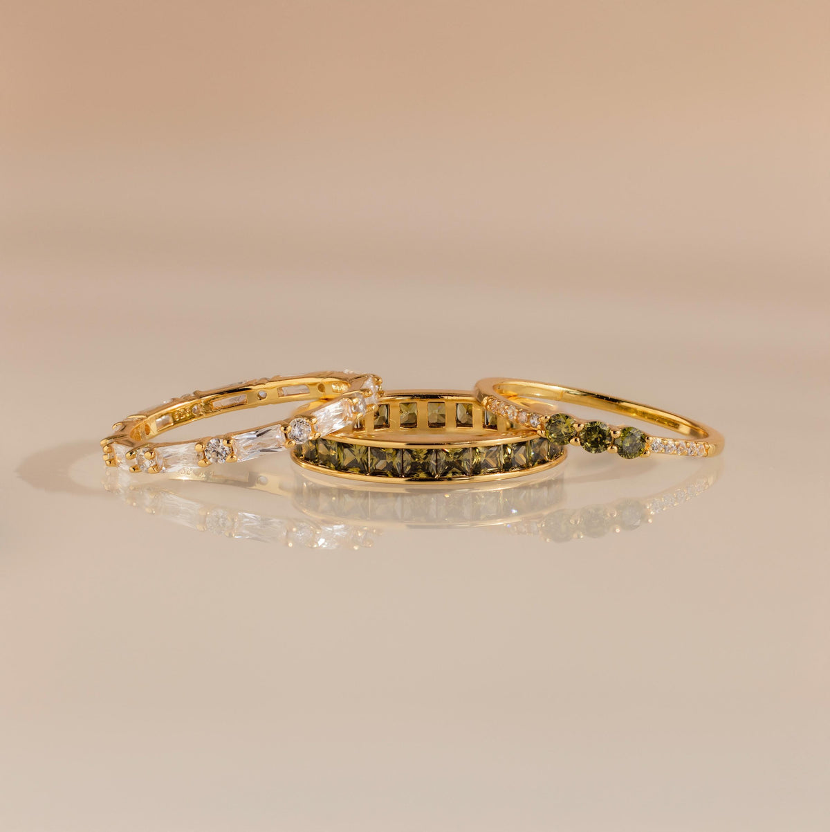 Peridot Ring Set by Seven Lucky Gifts • Set of 3: Vintage Peridot & Diamond Stacking Rings in Gold • Dainty Jewelry • Gift for Wife