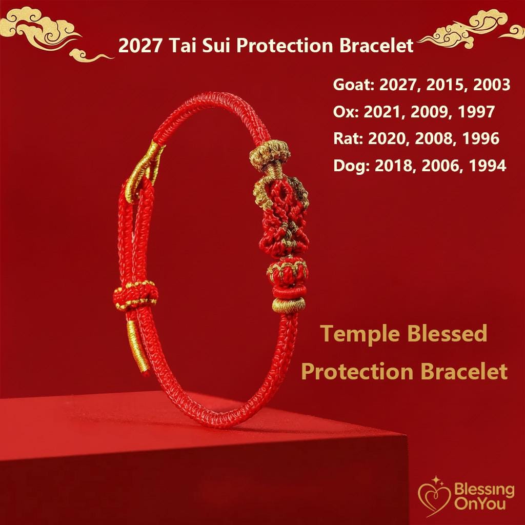 2027 Tai Sui Red String Bracelet, Zodiac Protection Amulet, Handwoven Lucky Knot, Temple Blessed Chinese Red String, Goat Rat Ox Dog