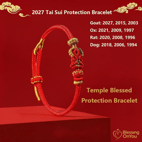 2027 Tai Sui Red String Bracelet, Zodiac Protection Amulet, Handwoven Lucky Knot, Temple Blessed Chinese Red String, Goat Rat Ox Dog