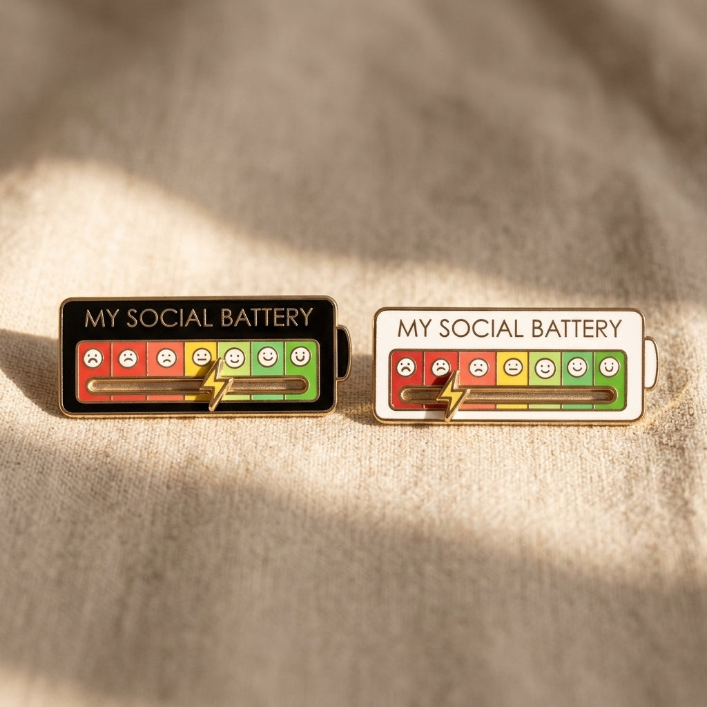 Colorful enamel pin featuring a funny social battery design, shown on a clean neutral background