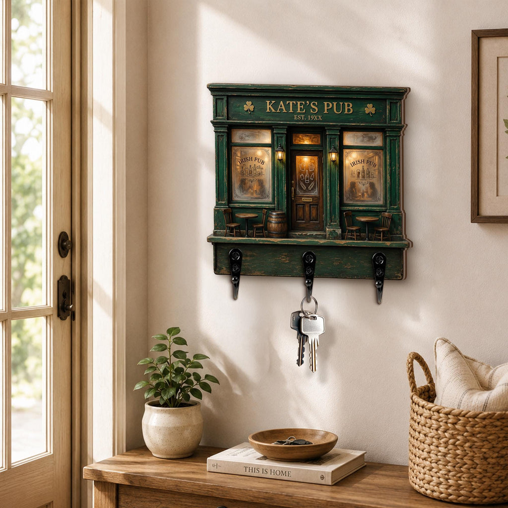 Personalized Irish Pub Key Holder, Custom Family Bar Sign, Shamrock Wall Key Rack, Rustic Entryway Decor, Housewarming Gift