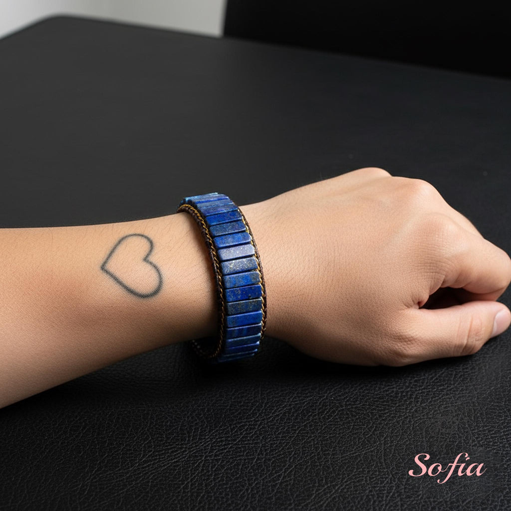 Natural Lapis Lazuli Tube Beaded Braided Bracelet – Blue Gemstone Jewelry – Boho Stackable Bracelet, Adjustable