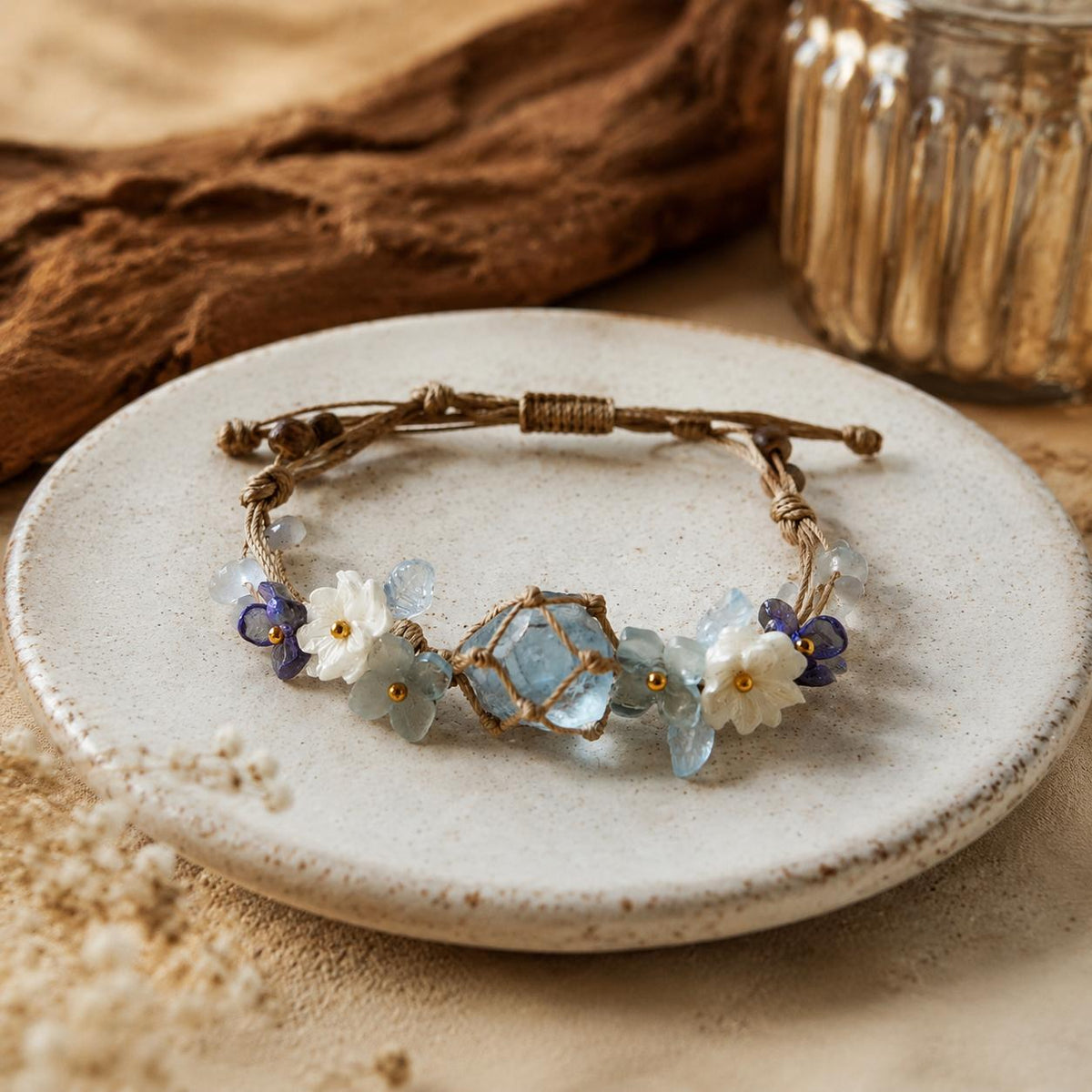 Blue Crystal Flower Bracelet: Adjustable Woven Cord Jewelry