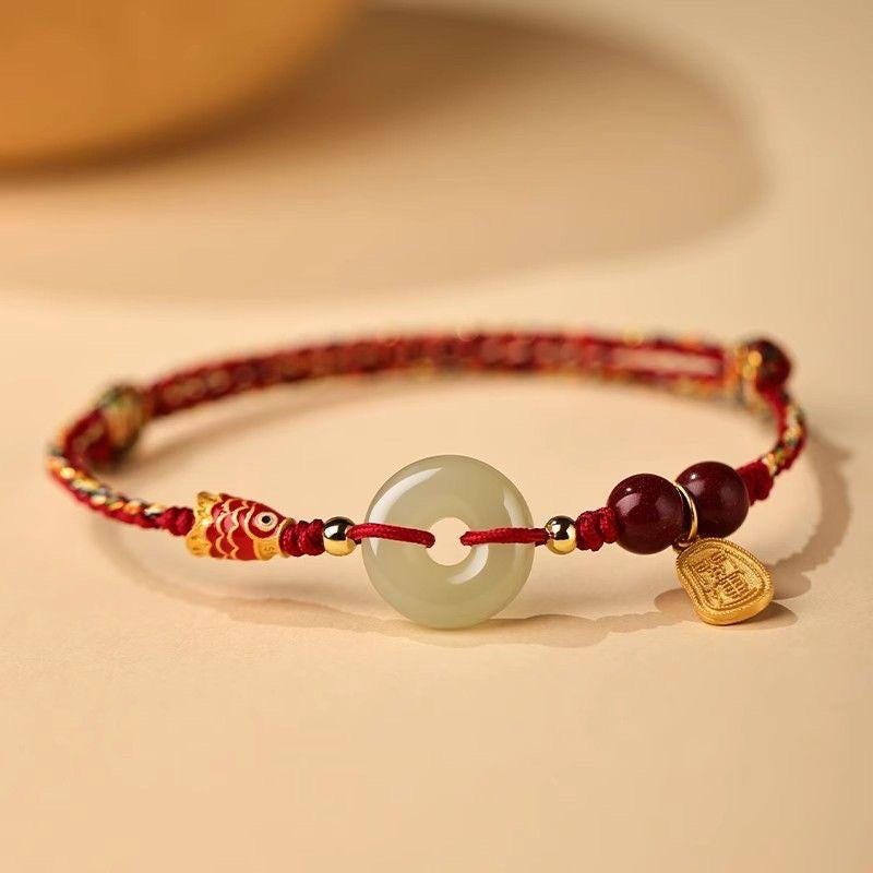Lucky Red String Bracelet, Handmade Jade Circle Bracelet, Braided Protection Bracelet, Koi Charm Bracelet, Adjustable Gift for Her